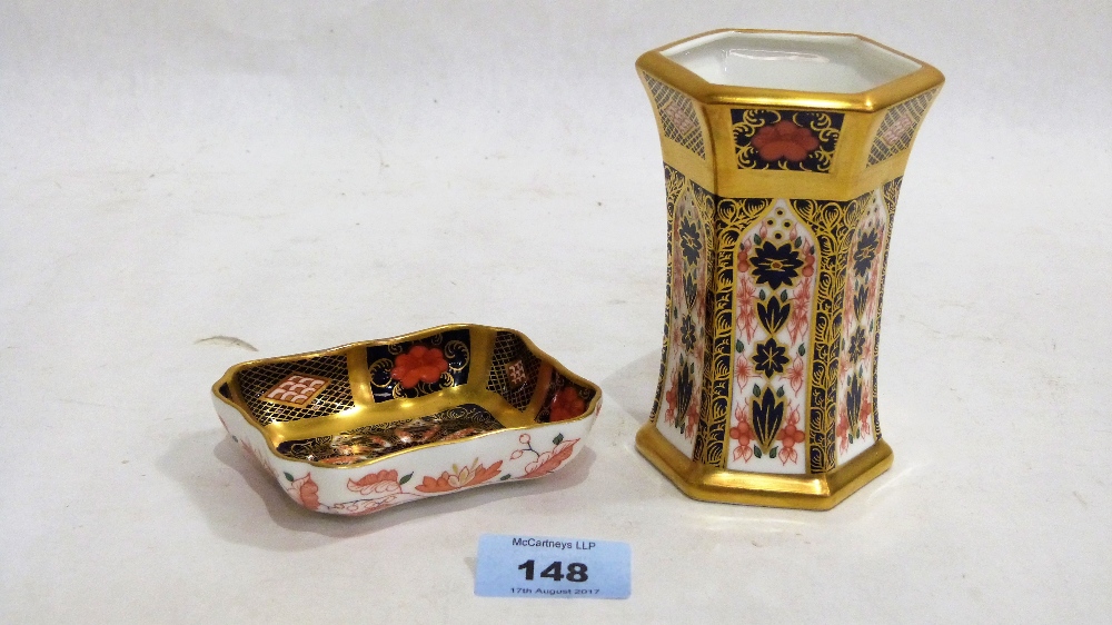 A Royal Crown Derby hexagonal vase 1128, 4½'' high and a Royal Crown Derby pin dish 1128