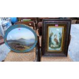 A pair of oval gouache highland landscapes and a pair of painted glass pictures