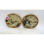 A pair of George III silk needlework landscape pictures. 7½'' x 8¾'' oval