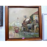 CONTINENTAL SCHOOL: Town scene with figures. Indistinctly signed and dated 1979. Oil on canvas