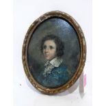 19th CENTURY SCHOOL: A small portrait of a young boy in white lace stock and blue tunic. 5½'' x