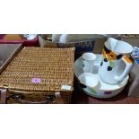 A Myott jug and bowl set and a wicker picnic set