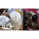 A box and a tray of studio pottery and other ceramics and glassware