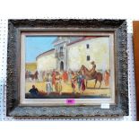 V. BLANCS: Spanish town scene with figures. Signed. Oil on board. 12'' x 16''