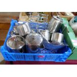 A box of stainless steel kitchenalia