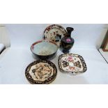 A cloisonné vase (A.F), a Chinese porcelain bowl, damaged and six miscellaneous plates