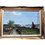 A. GREIG: Dutch landscape with mill. Signed. Oil on board. 20'' x 30''