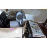 Two boxes of metalware, sundries and pictures