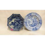 A Davenport Florentine Fountain blue and white bowl and an oriental octagonal blue and white bowl.