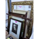 A gilt framed mirror, five pictures and a christolion