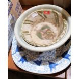 Two pottery bowls, a meat plate and a box of dinnerware etc.