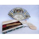 A collection of fans to include one with bone and ivory sticks