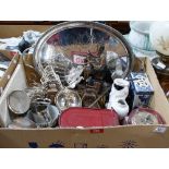 A box of platedware and sundries