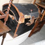 A canvas trunk; loom ottoman; oak elbow chair; television stand and a mahogany jardinière stand