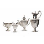 LATE VICTORIAN NEOCLASSICAL SILVER PLATED FOUR PIECE TEA SERVICE comprising teapot, water pot,