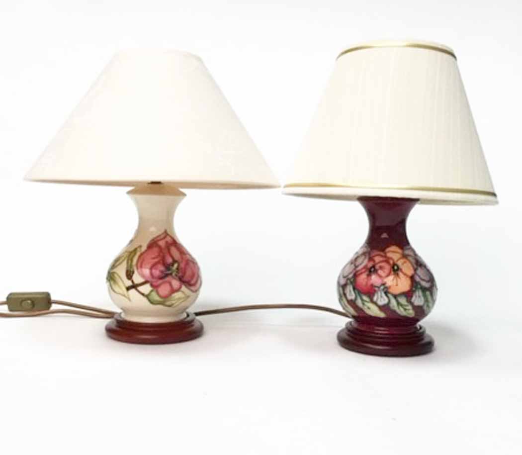 MODERN MOORCROFT SQUAT TABLE LAMP BASE decorated with tube-lined flowers in predominantly pink with