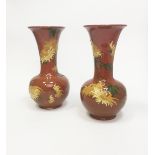 PAIR OF BURMANTOFTS POTTERY FAIENCE BALUSTER VASES decorated with relief slipware crysanthemums,