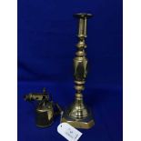 PAIR OF 'DIAMOND PRINCE' BRASS CANDLESTICKS along with brass blowtorch,