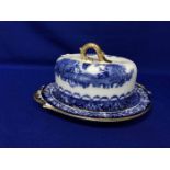 VICTORIAN BLUE AND WHITE TRANSFER PRINT BUTTER DISH together with a pottery hot water bottle and