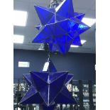 TWO BLUE GLASS STAR SHAPED CEILING LIGHTS WITH FIXTURES