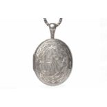 VICTORIAN WHITE METAL LOCKET of oval form, with engraved foliate motif decoration,