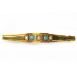 TURQUOISE AND PEARL BAR BROOCH with round cabochon cut sections of turquoise alternating with