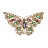 EIGHTEEN CARAT GOLD BUTTERFLY MOTIF BROOCH set with diamonds, emeralds,