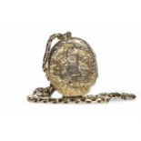 VICTORIAN GOLD PLATED LOCKET ON CHAIN the locket of oval form and with scrollwork engraving,