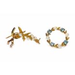 TWO NINE CARAT GOLD PEARL SET BROOCHES one set with round blue zircons, 26mm diameter, 4g,