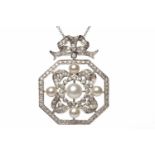 EDWARDIAN STYLE PEARL AND DIAMOND PENDANT of octagonal form,