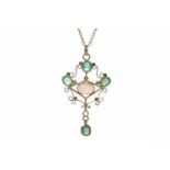 EDWARDIAN OPAL AND EMERALD PENDANT ON CHAIN 42mm high and openwork,