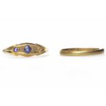 VICTORIAN EIGHTEEN CARAT GOLD SAPPHIRE AND DIAMOND RING the boat shaped bezel set with round