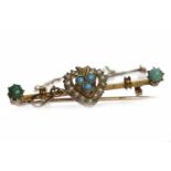 LATE VICTORIAN NINE CARAT GOLD TURQUOISE SET BAR BROOCH 36mm long, 2.