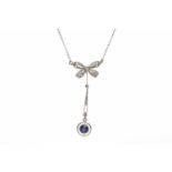 EDWARDIAN DIAMOND AND SAPPHIRE BOW MOTIF NECKLET the single round sapphire of approximately 0.