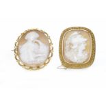 TWO CAMEO BROOCHES one in a square mount depicting a classical gentleman in profile, 55x48mm,