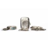 GROUP OF SILVER AND OTHER ITEMS including a silver enamelled napkin ring, two ingot pendants,