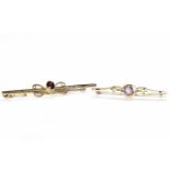 TWO EDWARDIAN GEM SET BAR BROOCHES one set with a single garnet, 6.