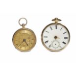 TWO EIGHTEEN CARAT GOLD OPEN FACE KEY WIND POCKET WATCHES comprising a lady's fob watch with gold