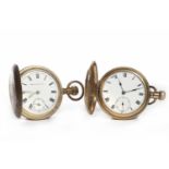 VICTORIAN BRASS CASED FULL HUNTER POCKET WATCH the round white enamel dial with Roman numerals in