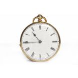 EIGHTEEN CARAT GOLD OPEN FACE KEY WIND FOB WATCH the white enamel dial with Roman numerals in black,