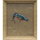 * RALSTON GUDGEON RSW (SCOTTISH 1910 - 1984), KINGFISHER gouache on hessian linen, signed 29.