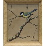 * RALSTON GUDGEON RSW (SCOTTISH 1910 - 1984), GREAT TIT gouache on hessian linen, signed 29.