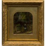 JAMES LAWTON WINGATE PRSA (SCOTTISH 1846 - 1924), YOUNG GIRL IN COUNTRY LANE BY A GATE oil on board,