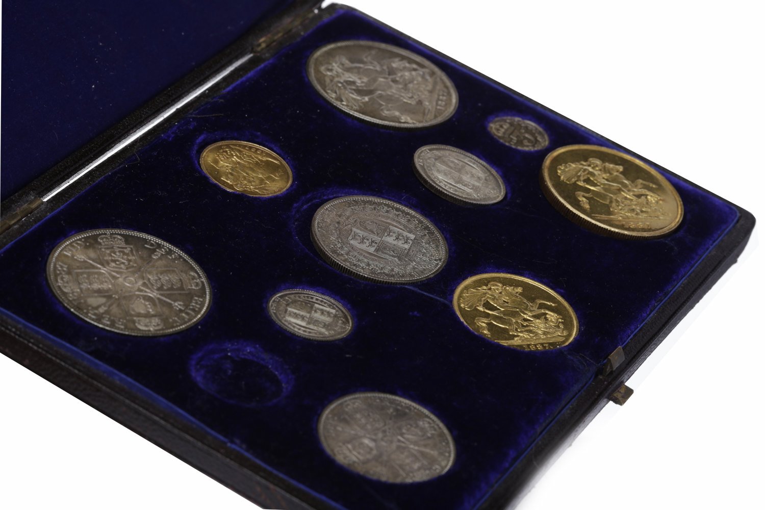 VICTORIAN SPECIMEN JUBILEE COIN SET comprising £5 five pounds coin, £2 two pounds coin, sovereign,