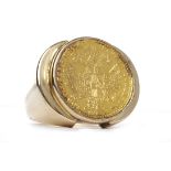 GOLD AUSTRIAN HALF DUCAT DATED 1915 mounted in an unmarked ring, 20.