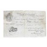 BANK OF ENGLAND £5 FIVE POUNDS NOTE DATED 27TH FEBRUARY 1945 serial number H53 098777,