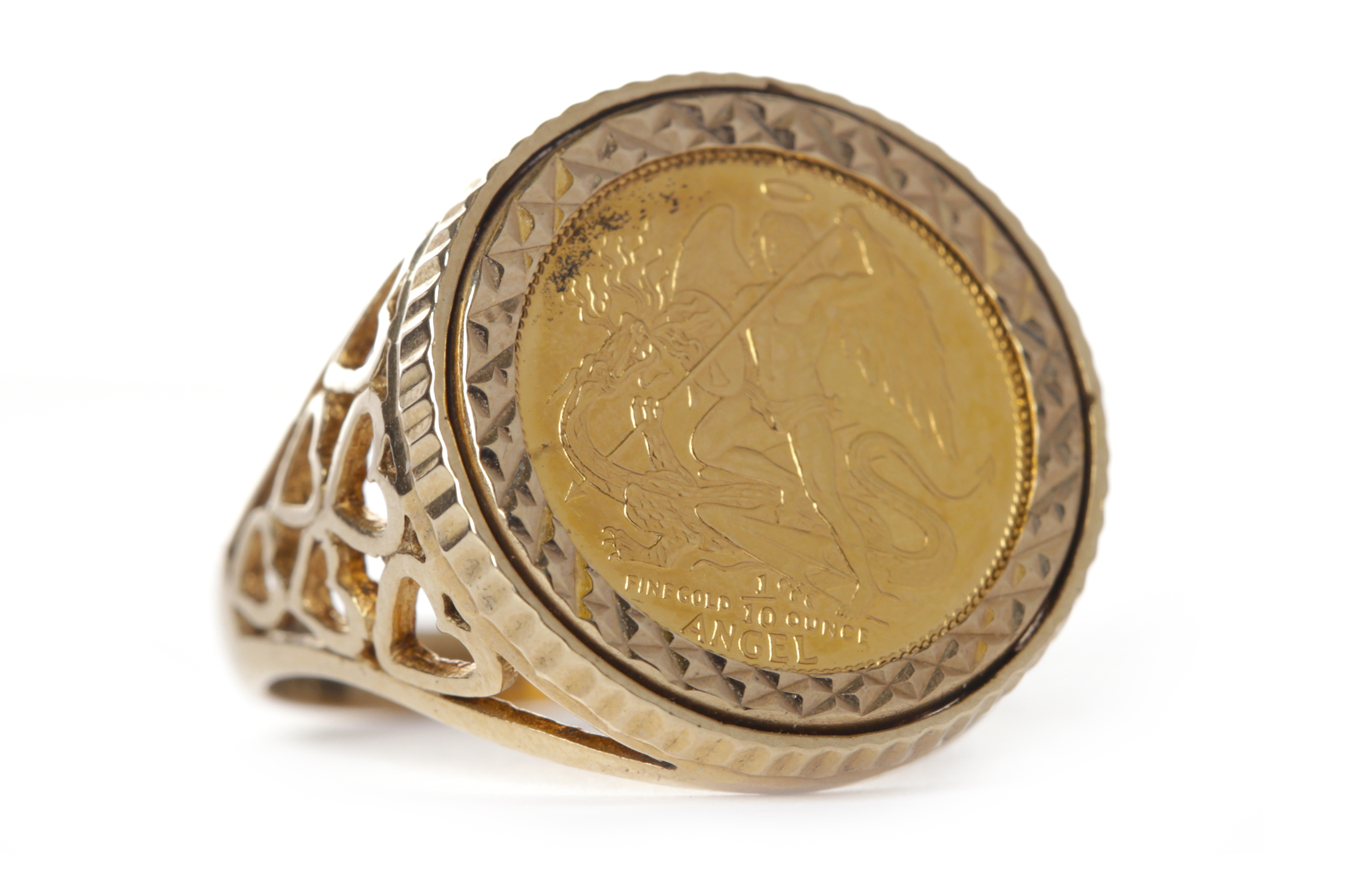 GOLD UK 1/10 OZ COIN DATED 1986 in a nine carat gold ring, unsoldered, 6.