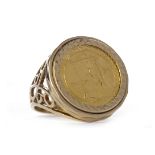 GOLD BRITANNIA 1/10 OZ COIN DATED 1990 mounted in a nine carat gold ring, 6.