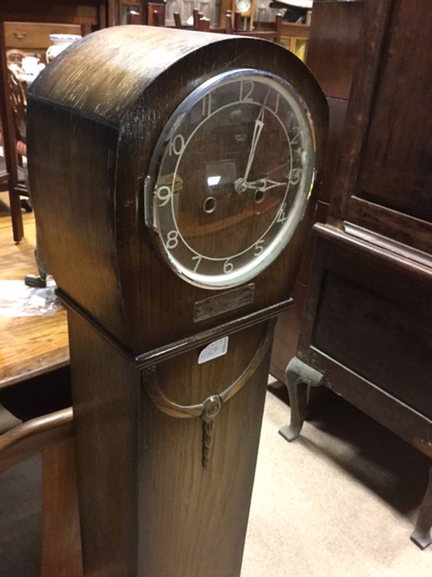 20TH CENTURY OAK CASED GRANDMOTHER CLOCK silvered dial,