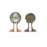 VICTORIAN CIRCULAR BAROMETER WITH THERMOMETER the engraved silverised dial contained in a brass